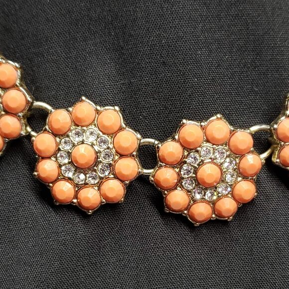 Premier Designs Coral Colored Flower Station Necklace, with clear rhinestones - Picture 4 of 9